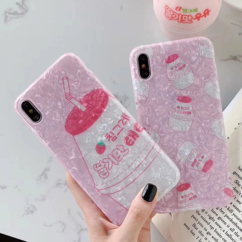 

Japan pink strawberry yogurt phone case for iPhoneX XR XS MAX soft tpu conch shell phone case for iPhone 7 6 8 Plus cases