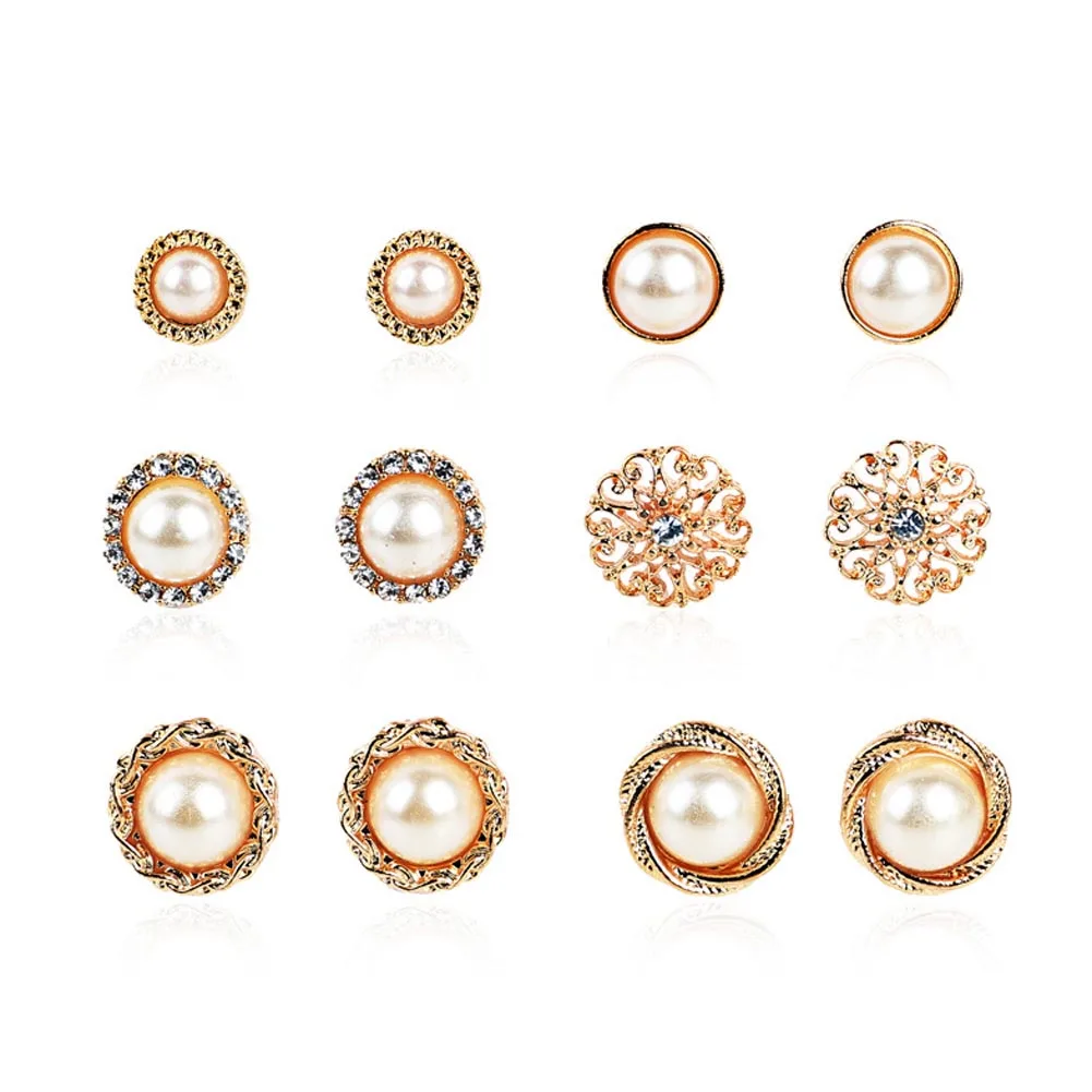 6 Pair/Set Crystal Alloy Round Ball Gold Color Stud Earrings Vintage