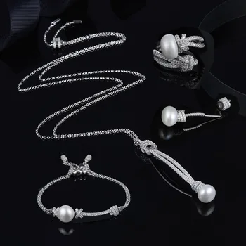 

[MeiBaPJ] Real 925 Silver Pearl Knot Rope Necklace Earrings Bracelet Ring 4 Piece Suit Jewelry Set for Women Fine Party Jewelry