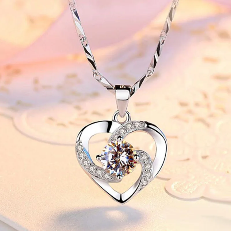 KOFSAC New Luxury Crystal CZ Heart Pendant Choker Necklace 925 Sterling Silver Chain Necklaces For Women Wedding Jewelry Gifts - Image 3
