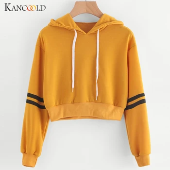 

KANCOOLD top T-shirt Women Varsity-Striped Drawstring Crop Hoodie Top Jumper Crop Pullover fashion new top femme 2019FEB4