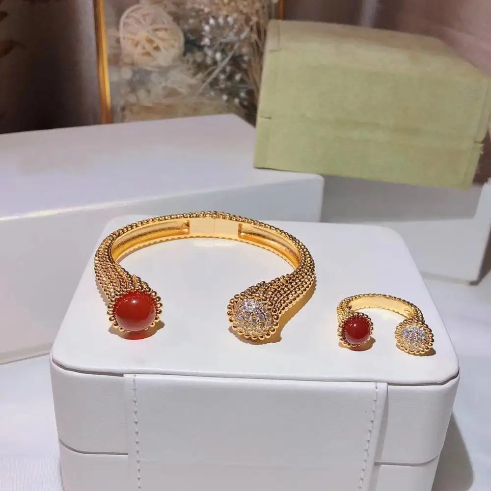 

Dubai fashion zircon color stone round tag open rings and cuff bead band bangle bracelet designer jewelry sets for women