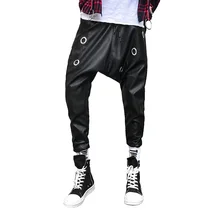 Мешковатые брюки мужские шаровары Свободные корейские хип хоп Клубные кожаные Металлические tide индивидуальность stylist брюки мужские