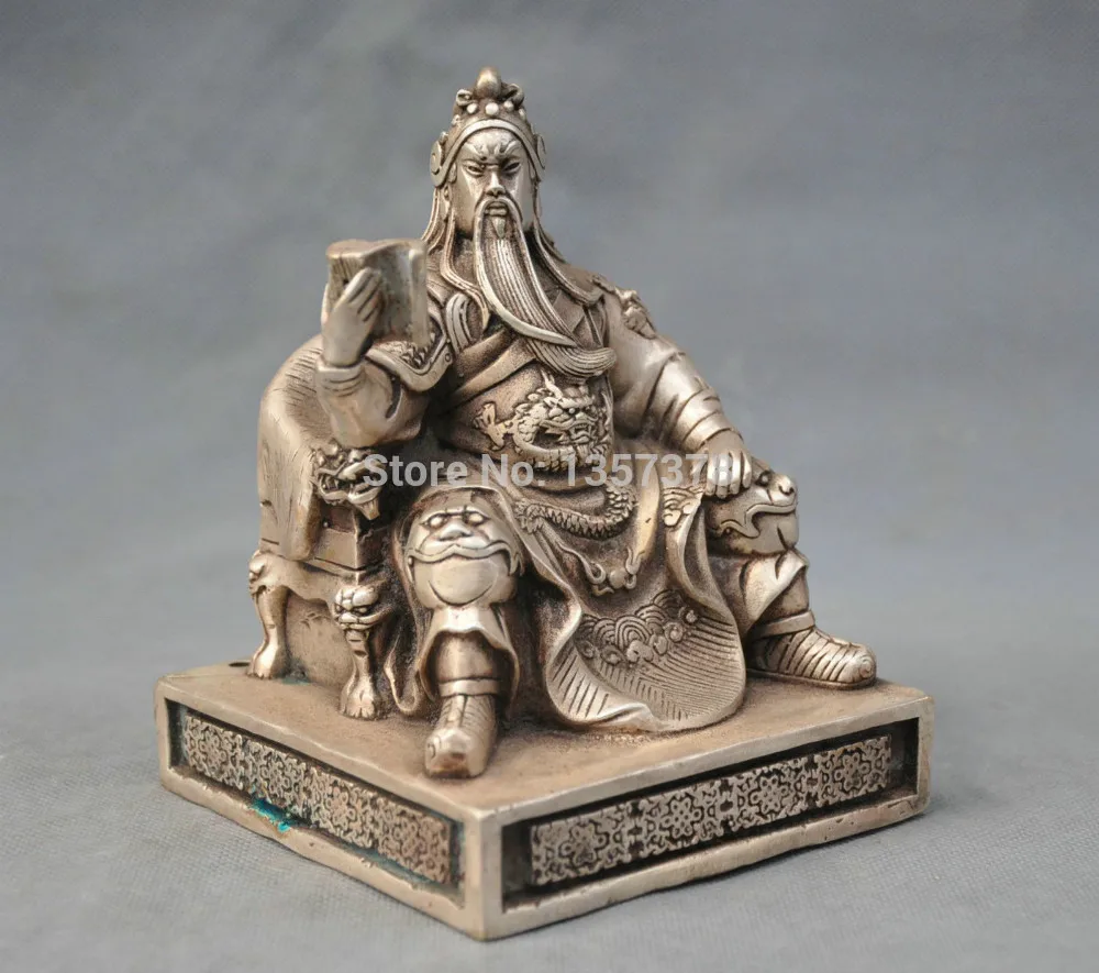 

shitou 00466 6'' China Silver Bronze sit Guan Gong Lost Bladesman soldier Bronze Statue
