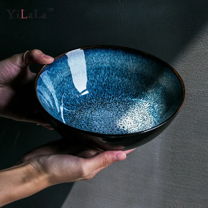 Yilala Ceramic Noodle Bowl Creative Deep Blue Soup Bowls for Dinner