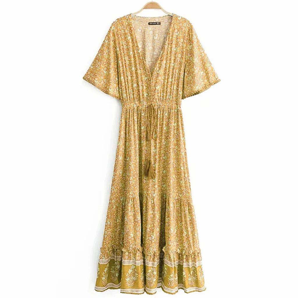 Короткий рукав сарафана женское платье с принтом и кисточками на пуговицах винтажное платье Макси платье с глубоким v-образным вырезом женское летнее платье vestido elbise robe# G6