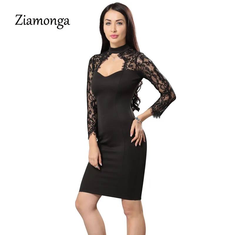 Ziamonga Turtleneck Long Sleeve Midi Lace Dress Sexy Club Bandage Bodycon 2017 Autumn Winter Black Women Party Dresses | Женская одежда