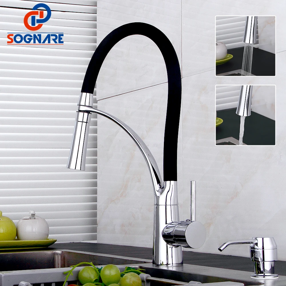 

SOGNARE Kitchen Faucet Pull Out with Rubber Design Chrome Mixer Tap Faucet Pull Down Crane for Sinks 360 Degree Rotating D2314CB