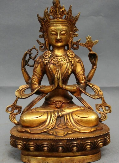 

Free Shipping Free Shipping 0 12" Chines Folk Bronze Gilt 4 Arms Chenrezig Buddha Kwan-Yin Bodhisattva Statue