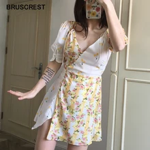 Желтое и белое платье с цветочным принтом, винтажное мини-платье с рукавами-фонариками и глубоким v-образным вырезом на пуговицах, пляжные шикарные платья для девушек, лето