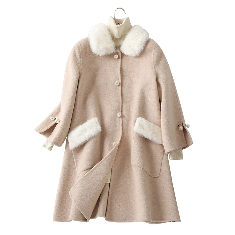 

2019 Fashion Natural Mink Collar Winter Wool Coat Female Elegant Solid Color Beading Winter Jacket Women Fur Coat Alpaca Outwear