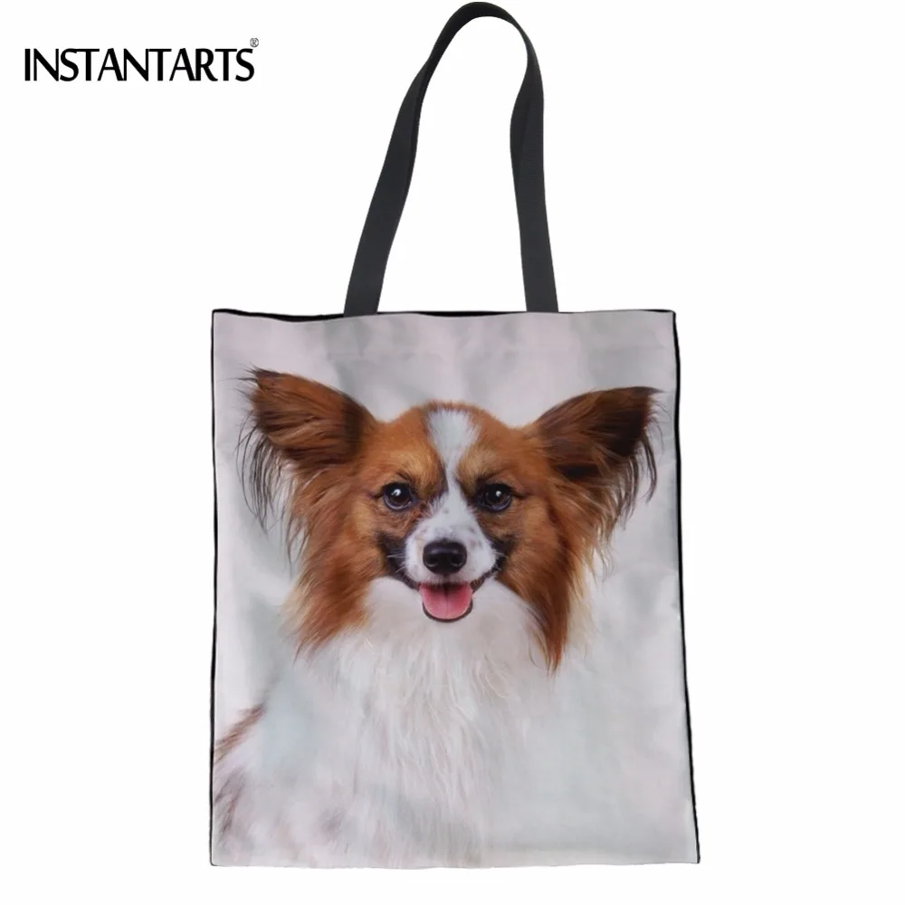 

INSTANTARTS Cute Papillon Dog Print Women Linen Shopping Bags Casual Lady Supermarket Recycled Eco Bags Cotton Friendly Tote Bag