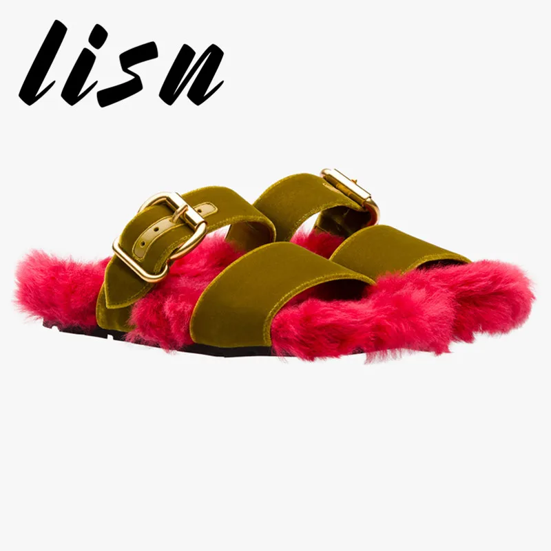 

LISN New Velvet Sheep Fur Summer Sping Slippers Open Toe Buckle Strap Flats Slippers Shoes Women