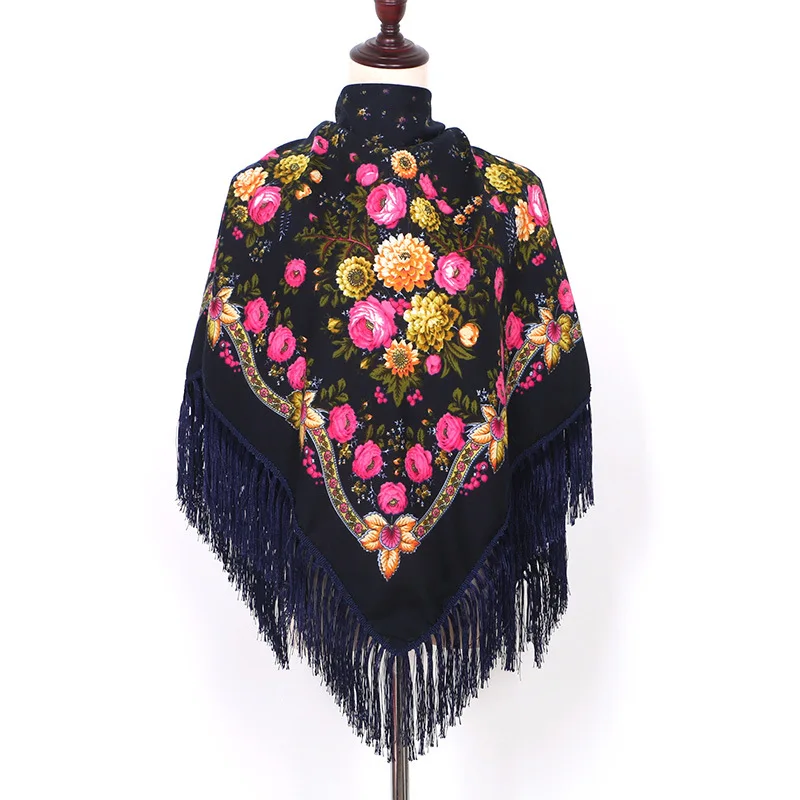 Skup Rosyjski szale chusty damskie 120cm Poncho kwadratowy szalik kobiet Wrap frędzlami Hijabs muzułmański islamski szaliki duża chusteczka