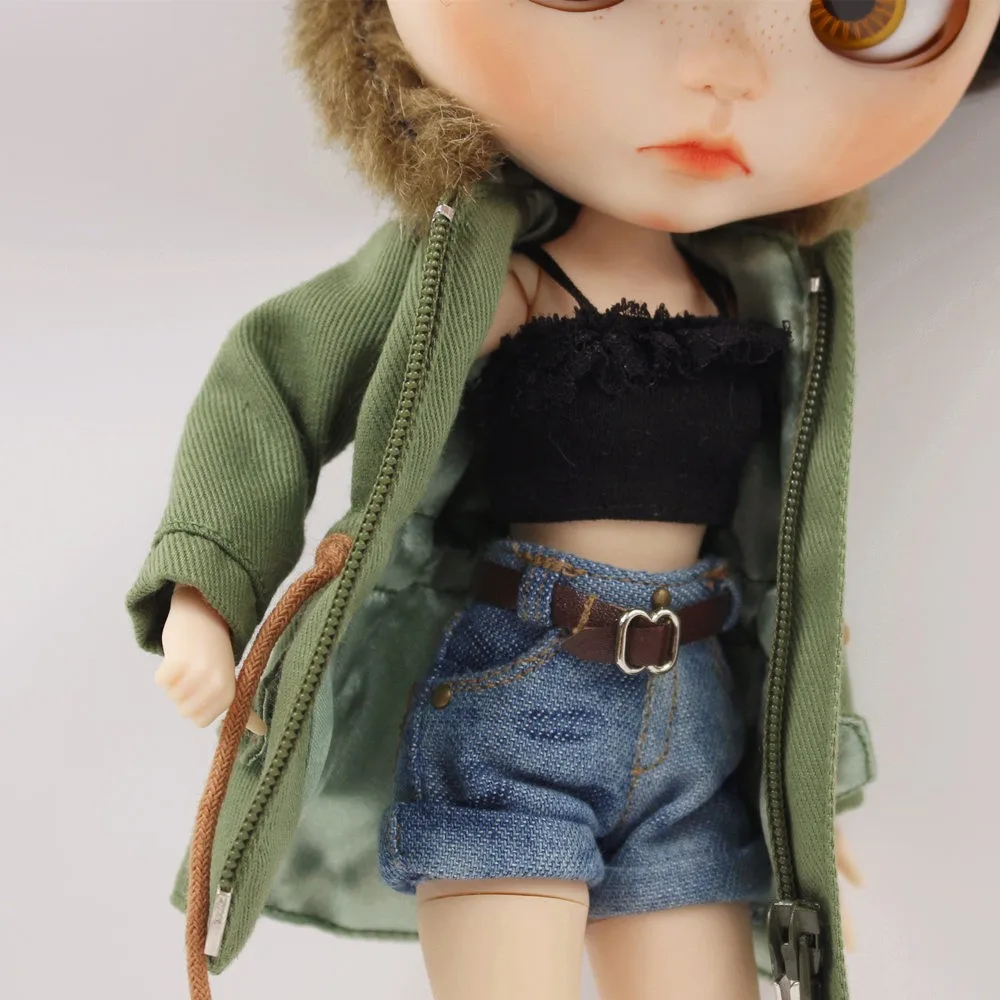 Neo Blythe Doll Denim Shorts Black Lace Bra with Green Army Jacket 7