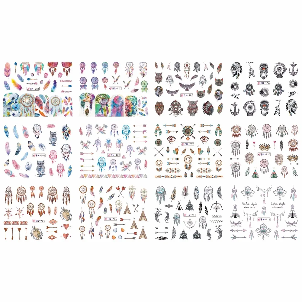 

UPRETTEGO 12 PACKS / LOT NAIL ART BEAUTY WATER DECAL SLIDER NAIL STICKER INDIANA HEAD DRESS WHEEL OWL FEATHER ARROW BN901-912