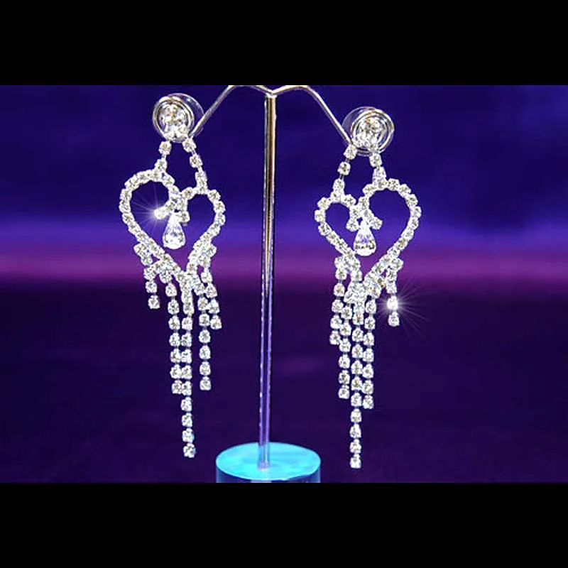 3.5" Heart Rhinestone Crystal Dangle Drop Bridal Pageant Earrings Prom Accessories CE1016