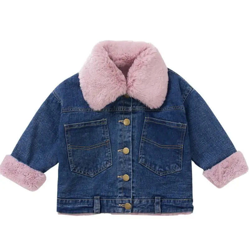 Autumn Winter Children Girls Plus Velvet Jeans Jackets Kids Girls Thick Warm Faux Rabbit Fur Denim Coats Baby Clothing W140