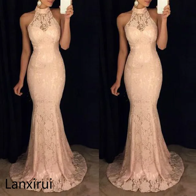 Womens Long Lace Fishtail Bridesmaid Prom Gown Formal ...