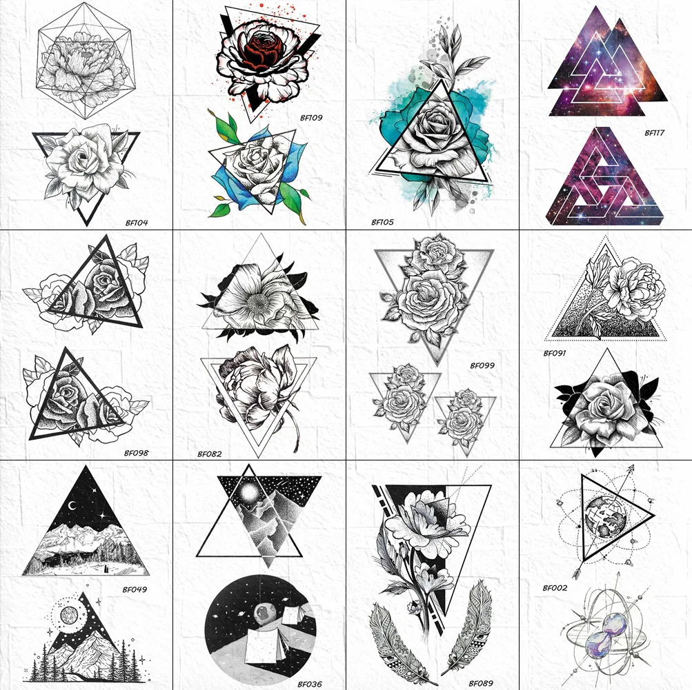 

VANKIRS Geometric Temporary Peony Flower Tattoos Women Black Fake Feather Tattoo Stickers 3D Arm Triangle Rose Tatoos Neck Paper