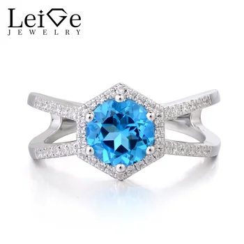 

Leige Jewelry Swiss Blue Topaz Ring Engagement Rings Round Cut Gemstone November Birthstone Ring Solid 925 Sterling Silver Ring
