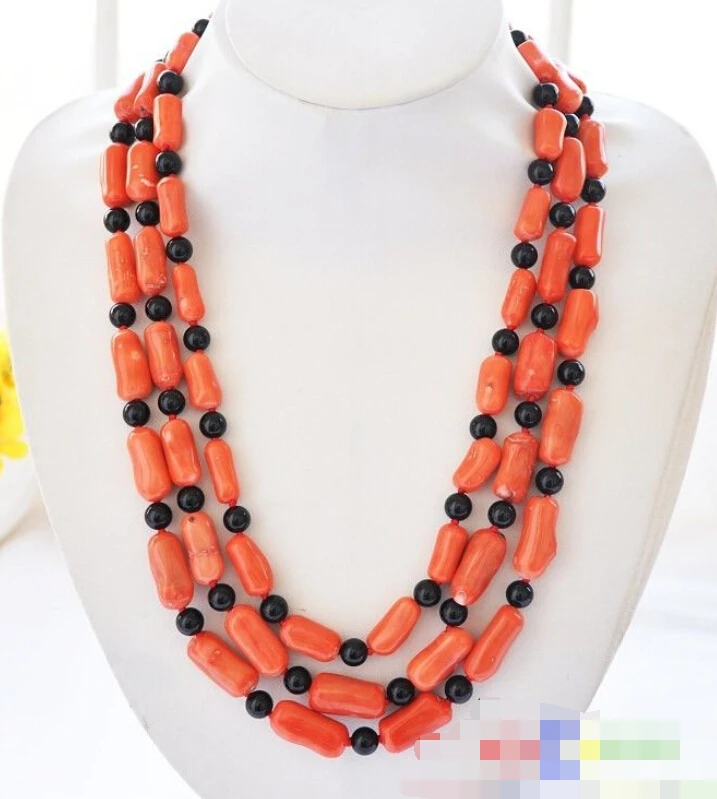 

1162 3row 24" pink cylinder coral black agate bead necklace