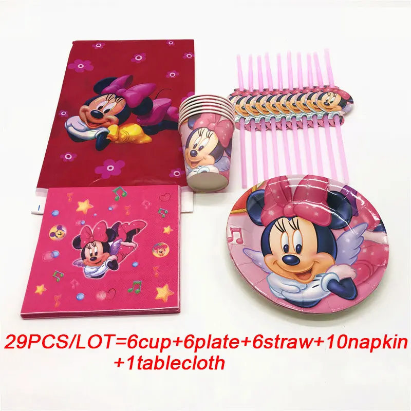 

Minnie Mouse Kids Birthday Party Decoration Party Supplies cup plate banner straws gift bag tablecloth Disposable Tableware Set