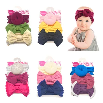 

3pcs Knot Bow Nylon Headbands, Cable knit nylon head wraps, Pompom Trim Wide Nylon Turban Headband Baby Girls Hair Accessories