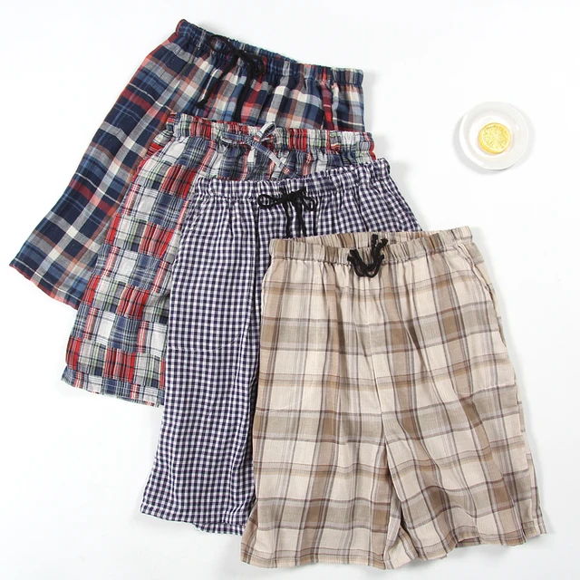 Summer male plus size fresh plaid thin cotton double cotton yarn sleep shorts elastic waist night shorts