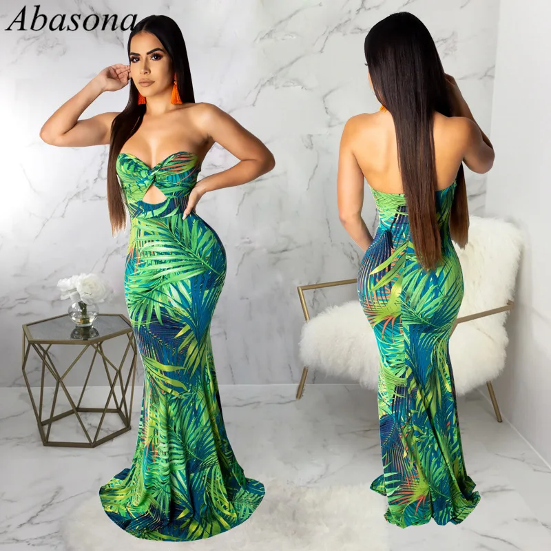 Abasona Для женщин Летнее цельное платье без бретелек длинное богемное пляжное платье без спинки с тропическим принтом пикантные вечерние облегающее платье с русалочкой Vestidos