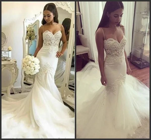 

2019 Spring Mermaid Wedding Dresses Trumpet Bridal Gowns Pearls Spaghetti Straps vestido de noiva robe de mariee Gelinlik boda