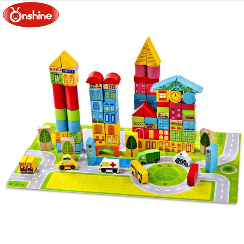 Onshine 100pcs/set City Transportation Colorful Beech Wooden Building
