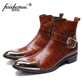 

Vintage Designer Handmade Man Brogue Footwear Round Toe Punk Rocker Shoes Genuine Leather Men's Riding Ankle Boots SL424