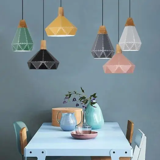 

Nordic macaron restaurant wood pendant light postmodern simple three head table bar creative hollow iron lamp