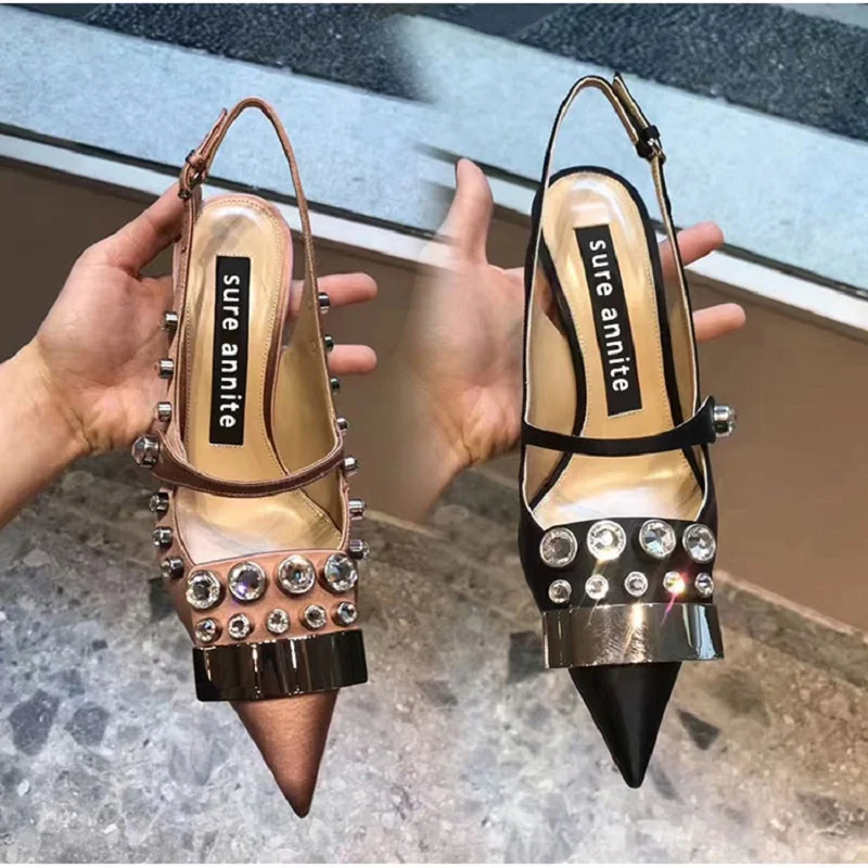 

2019 summer new fashion silk rhinestone stiletto heels banquet pointed shoes baotou female sandals large size