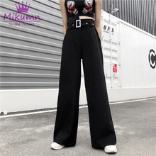 Harajuku женские широкие брюки черные с высокой талией длинные брюки весна осень свободные повседневные брюки с поясом
