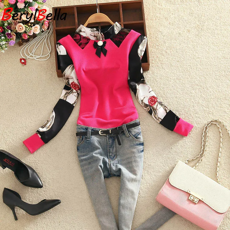 2016 Women Blouses Summer Autumn Stand Collar Chiffon Blusas Slim Long Sleeve White Red Tops Girls Printed  Feminina Shirts