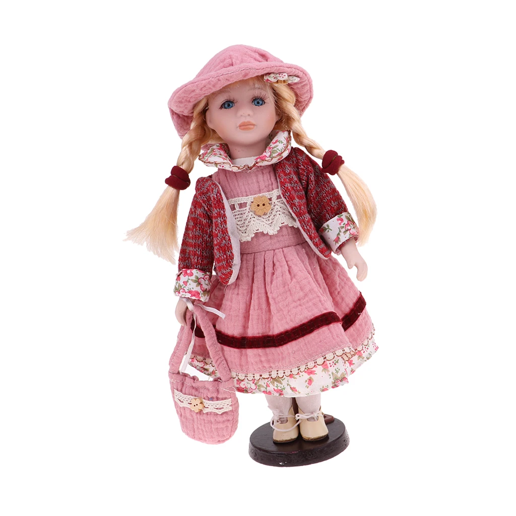 30cm Lovely Porcelain Girl Doll with Clothes Pink & Stand Home Display Decor Gift Porcelain Baby Figurines Dolls Collectible