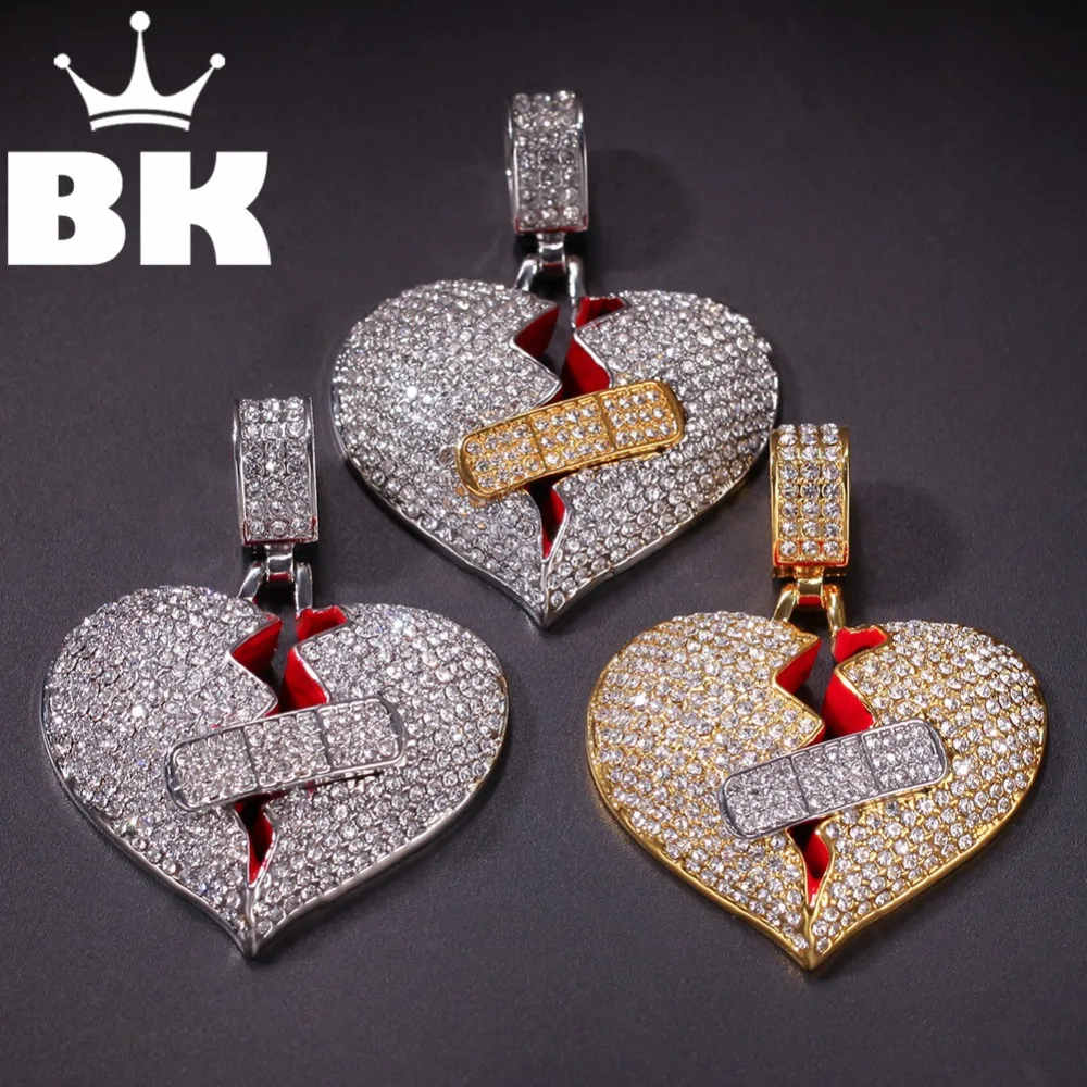 

THE BLING KING Custom A broken heart with a bandage Necklace Hip Hop Full Iced Out Rhinestone gold sliver Stone