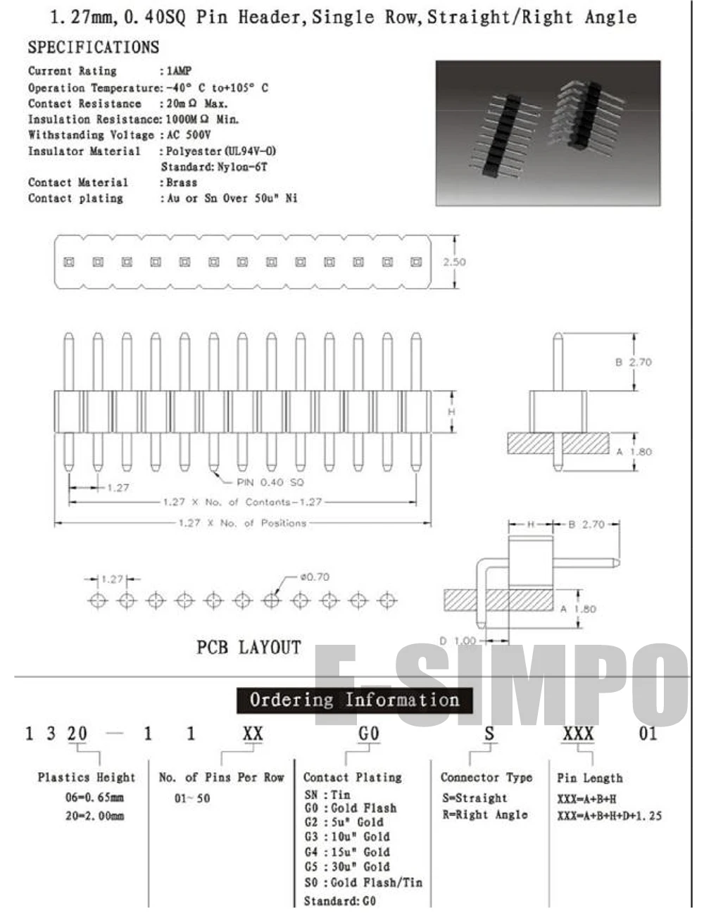 1000 шт. 1 27 мм штырьковый разъем 1x40p 1x50p шаг 0 05 дюйма ШТЫРЬКОВАЯ лента PCB прямая
