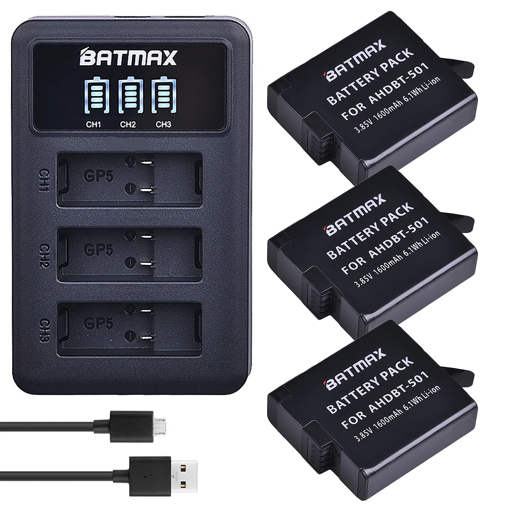 

Batmax 3PCS AHDBT-501 Battery + LED Display 3-Channel USB Charger with Type-C Port for GoPro5 Hero5 GoPro6 Hero6 Action Cameras
