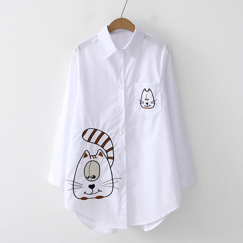 Summer Cartoon Embroidery Women Long Blouse 2019 Cotton Cat Bike Full Sleeve Turn Dwon Collar Loose Sweet Female Sexy Lady Shirt