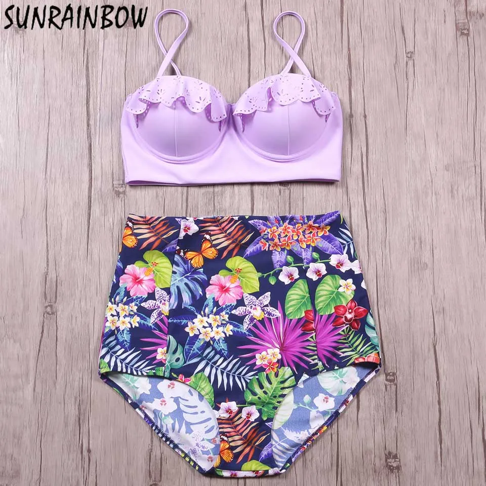 

SUNRAINBOW 2019 New Push Up Plus Size Swimwear Women Bikini Set Retro Floral Bathing Suit Summer Biquini High Waist Swimsuit