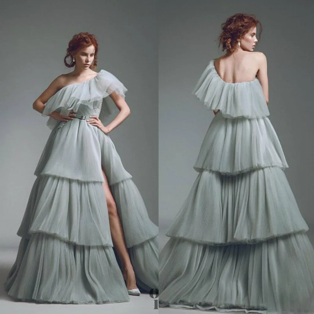 One Shoulder Prom Dresses A Line Tiered Skirts Sexy Side Split Sweep Train Girls Quinceanera Dress Custom Made Formal Party Gowns 179