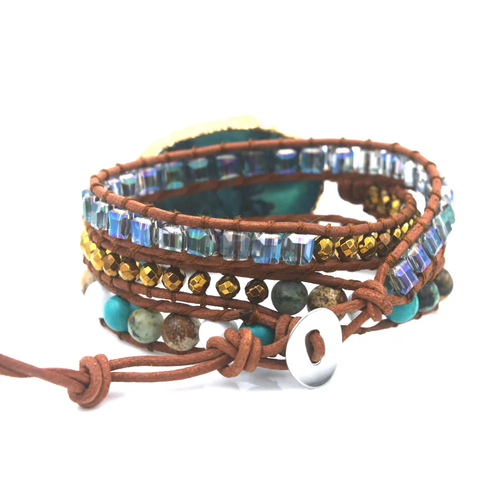 Ювелирные изделия в стиле бохо, женский браслет, смешанные природные камни, позолоченный камень, 3 нити, обертывающиеся браслеты, кожаный браслет ручной работы, Прямая поставка