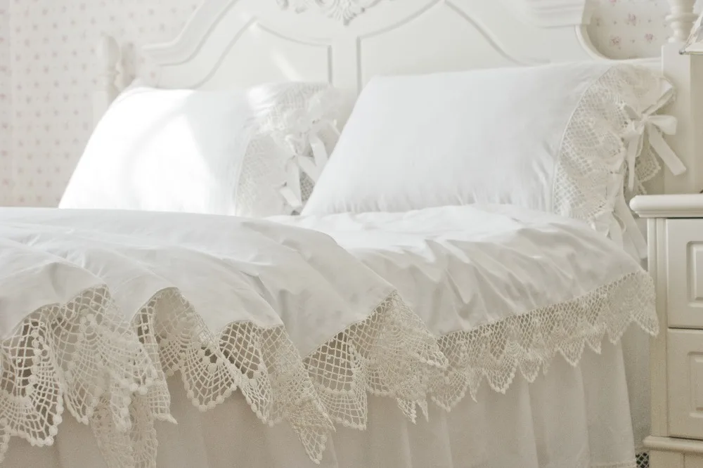Корейский стиль принцессы Твин Полный queen king размер постельные принадлежности Атлас хлопок и кружева белый оборками кровать юбка пододеяльник набор
