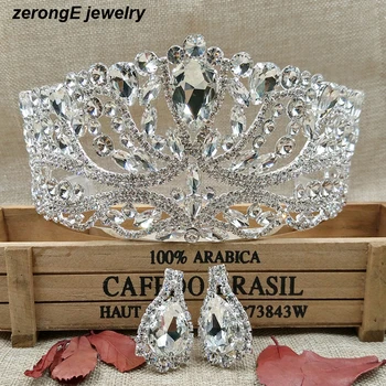 

Luxury Silver Large Wedding Pageant Tiara Headband +matching earring Crystal Bridal pageant Crown For lady Hair Jewelry Tiaras