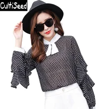 Шифоновые футболки в горошек, женская элегантная для работы в офисе, футболки с бантом, воротником и оборками, Женские повседневные свободные футболки