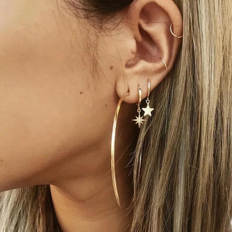 

6 pcs Vintage Crystal Star Circle Piercing Hoop Earrings for Women Trendy Gold Color Hollow Round Geometric Ear Cuff Earring Set