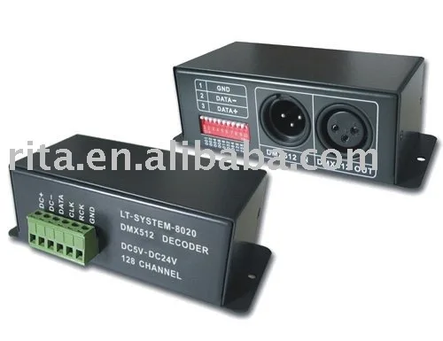 

LT-6803 DMX Decoder;DC5-24V input;LPD6803 specific protocol output signal;Max256 steps